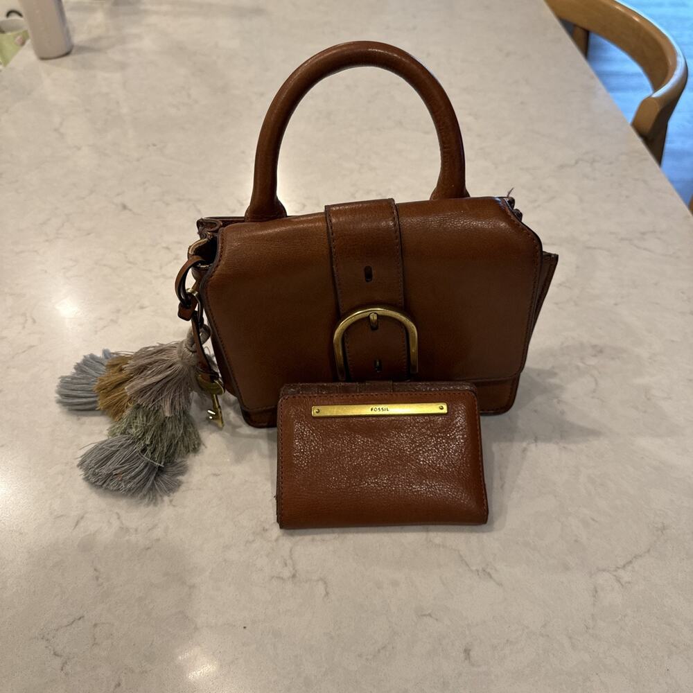 Fossil Wiley Brown Leather Top Handle Bag Purse Small With Wallet! See Info!
